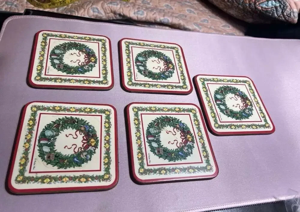 Vintage Pimpernel 12 Days of Christmas Cork-Backed Coasters by Marlene Moore 5pc